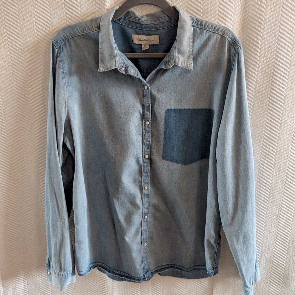 Calvin Klein Jeans Chambray Denim Button Down Shirt Blue Long Sleeve Size L - XL